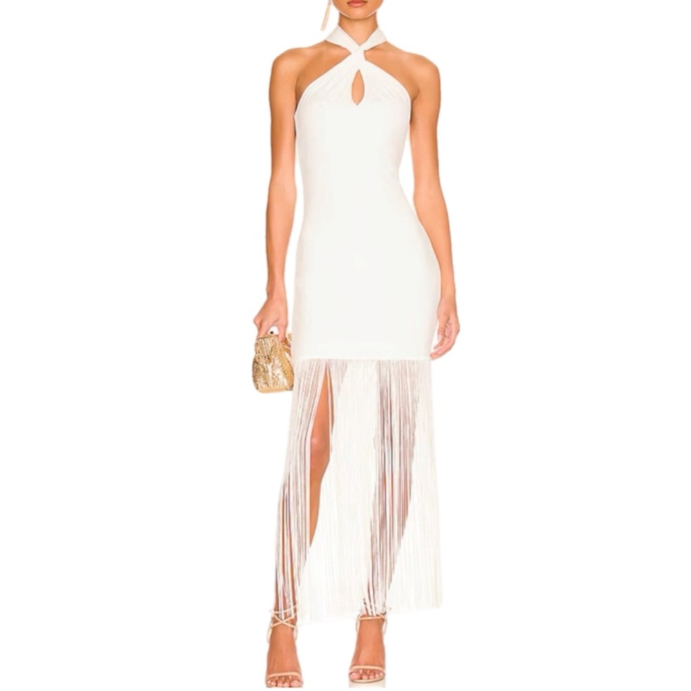 NWT Womenβs ALICE + OLIVIA Off White Steph Twist Neck Fringe Dress 8 $378 MSRP